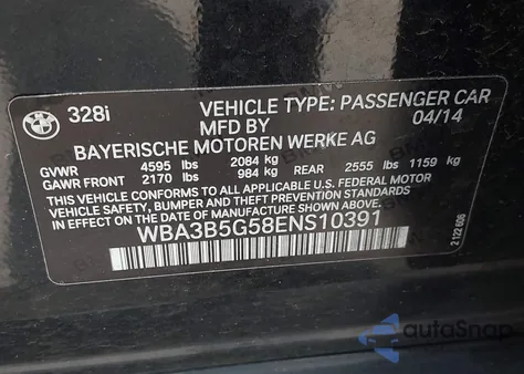 2014 BMW 328I xDrive из США, поврежденный, VIN WBA3B5G58ENS10391